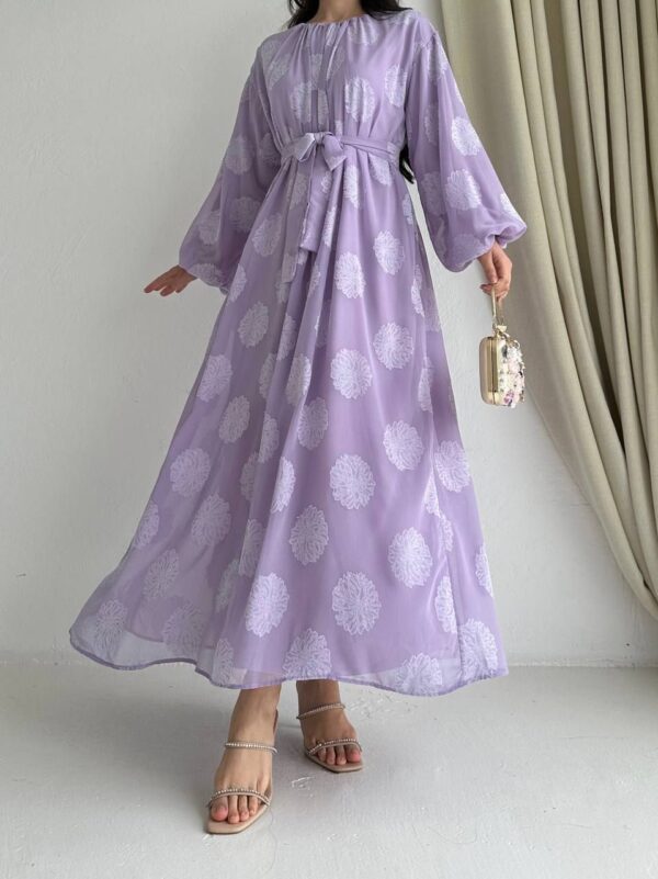 Wide Floral Print Chiffon Lilac Dress – Image 6