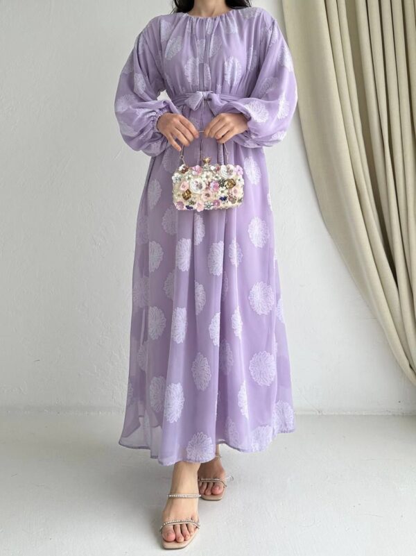 Wide Floral Print Chiffon Lilac Dress – Image 3