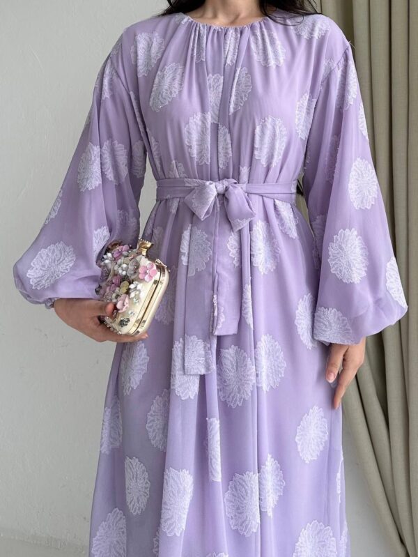 Wide Floral Print Chiffon Lilac Dress – Image 2