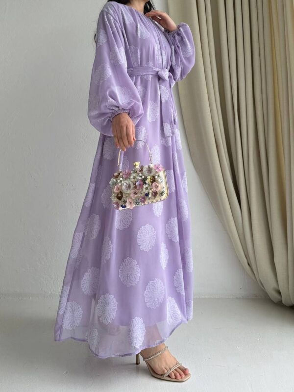 Wide Floral Print Chiffon Lilac Dress – Image 4