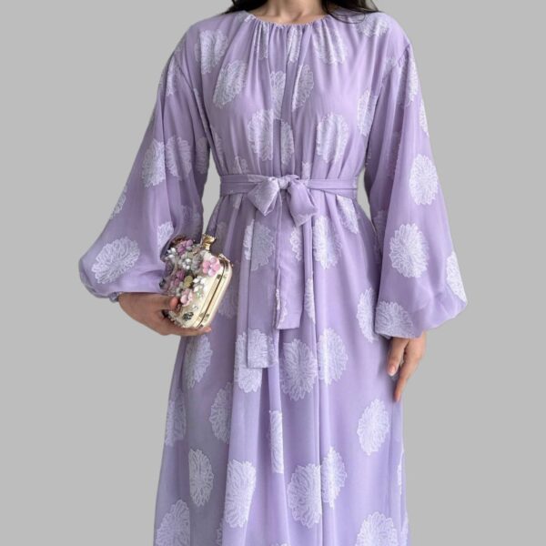 Wide Floral Print Chiffon Lilac Dress